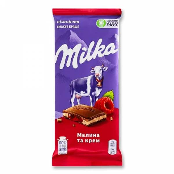 Шоколад молочний Milka малина та крем 90г