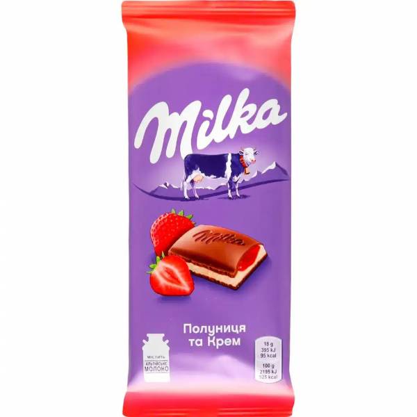 Шоколад Milka молочний з начинкою полуниця та крем 90г