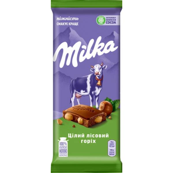 Шоколад Milka з цільними лісовими горіхами 90г